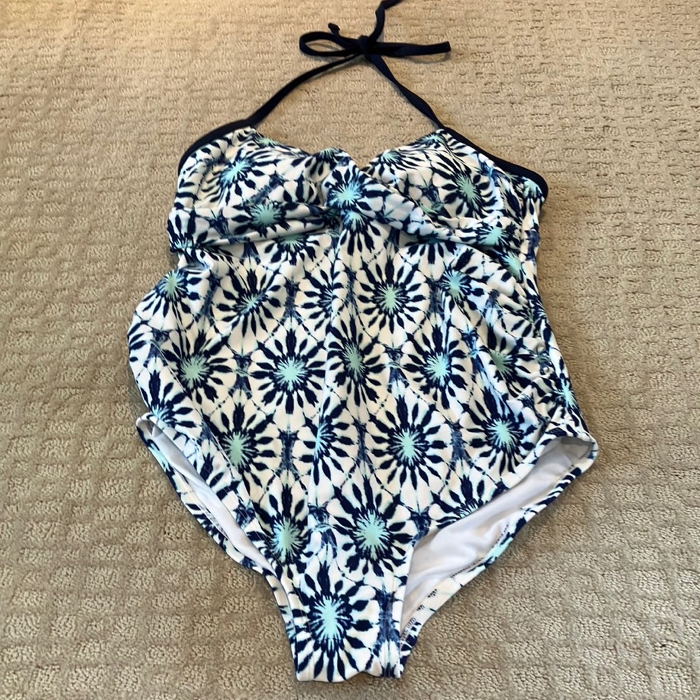 Navy white and light teal patterned maternity bathing suit.